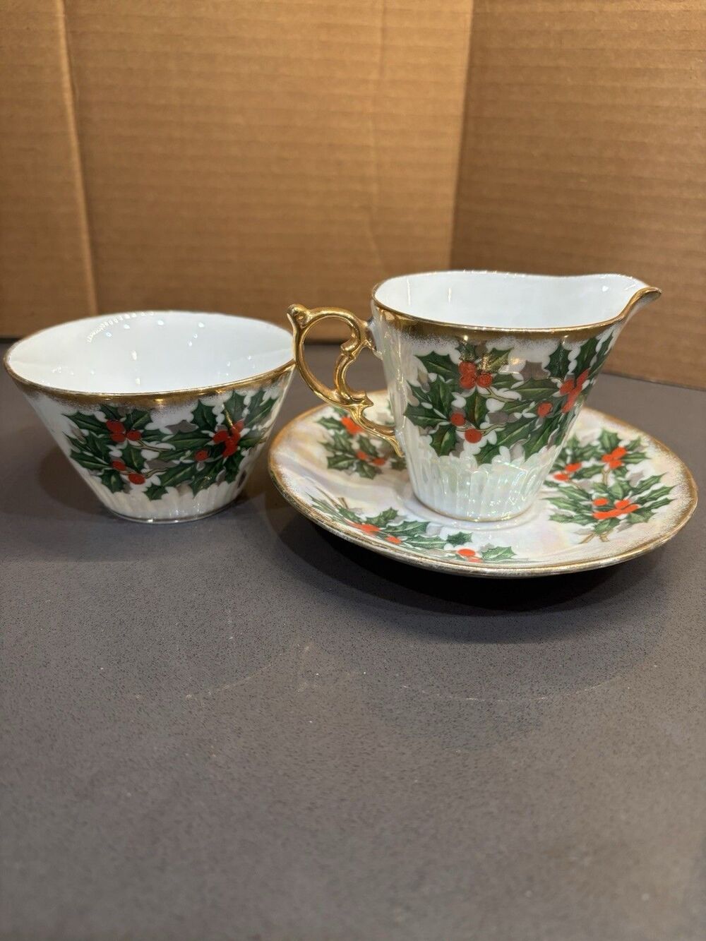 VTG Ucagco Christmas Holly Lusterware Tea Cup - Saucer - Sugar Bowl Gold Trim